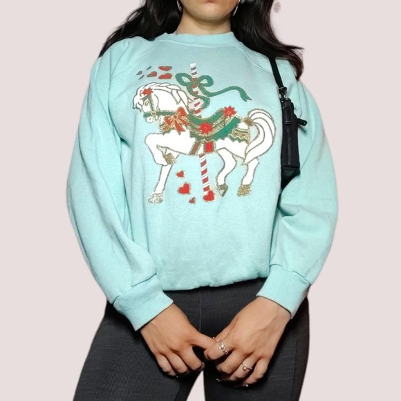 Vintage 90s/80s Blue Holiday Carousel Horse Crewneck Sweater !! - Picture 2 of 8
